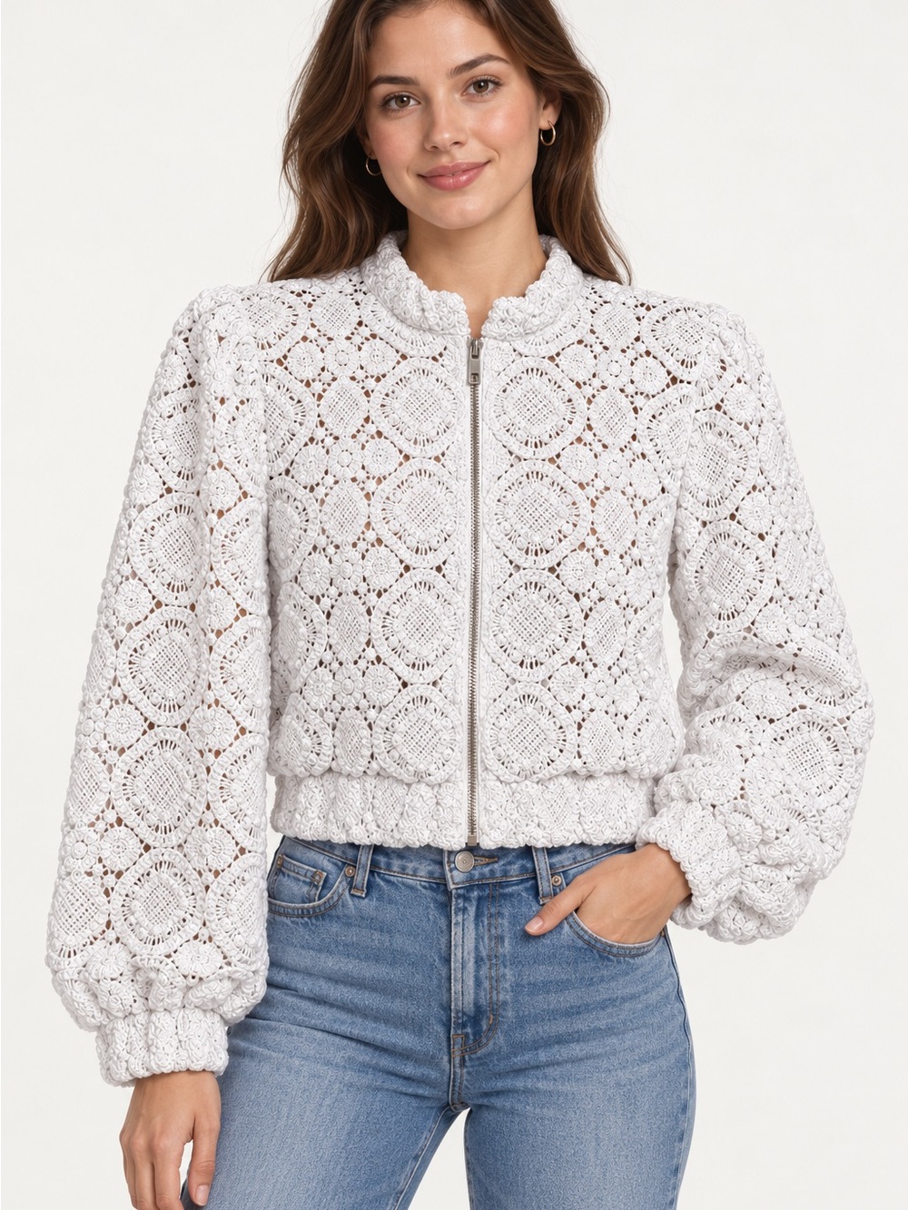 By Anthropologie White Crochet Lace Bomber Jacket Small Puff Sleeve Cottagecore